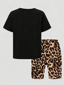 2 Pieces Set For Girls, Leopard Bow Print Short Sleeve T-Shirt And Full Print Cycling Shorts, Casual And Fashionable, Suitable For . - Multicolor - View 3