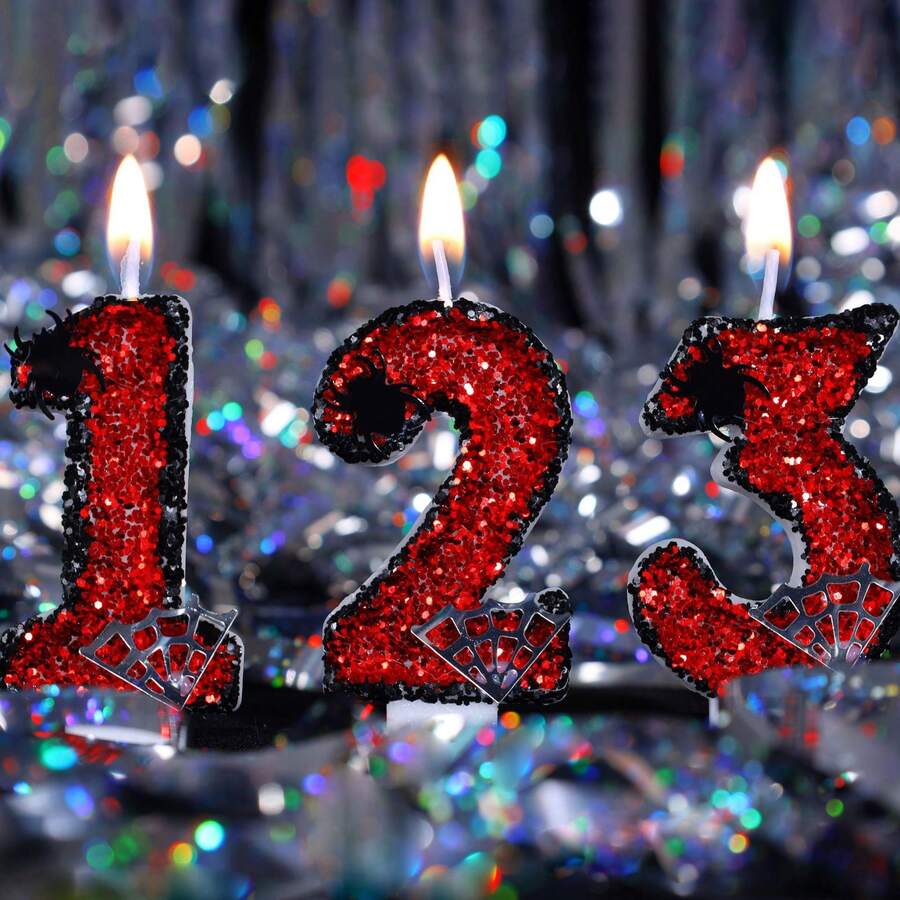 蜘蛛主题闪光数字生日蜡烛，0-9 红色黑色闪亮蛋糕装饰，男孩超级英雄/万圣节/蜘蛛主题生日派对数字蜡烛，儿童蛋糕装饰用品