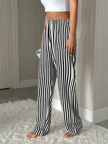 Women's Sleep Pants Loungewear 1pc, Casual Sleep Pants, Classic Striped Theme Comfortable Sleep Pants Home Pants, Comfortable For Home Use, Loose Comfortable Elastic Waistband Pants, Elegant Women's Wear For Holidays, Perfect Sleep Pants Choice - Trắng + đen - Xem 2