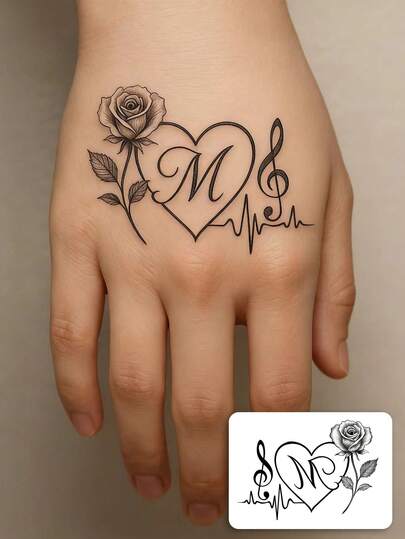 1张可水洗极简线条玫瑰与字母“M”临时纹身贴纸，百搭清新风格，适用于手部/腕部，防水，可持续2-3天