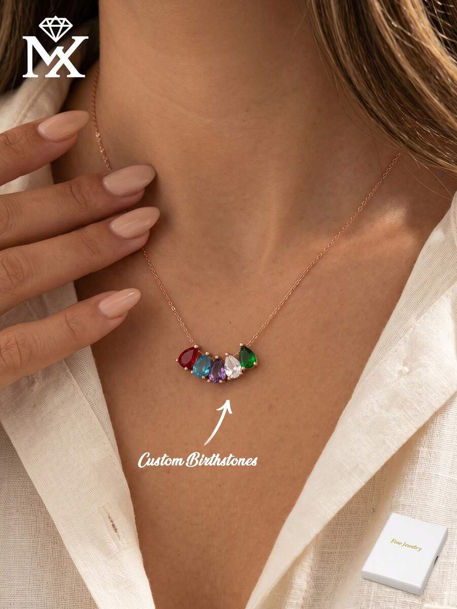 1 chiếc vòng cổ đá quý hình giọt nước tùy chỉnh, có thể đính nhiều viên đá quý hình quả lê tượng trưng cho tháng sinh. Quà tặng cá nhân hóa, trang sức thiết kế riêng, món quà hoàn hảo dành cho mẹ. - Nhiều màu - Xem 1