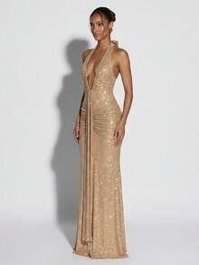 Party Dress: Women's Halterneck Pleated Dress With Deep V Neck & Backless Design For Evening - Màu Khaki - Xem 3