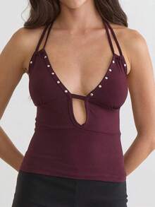 Women Studded Tank Top Silver Rivets Trim Crop Top Sleeveless Going Out Tops  Streetwear - Putih 2 - View 3