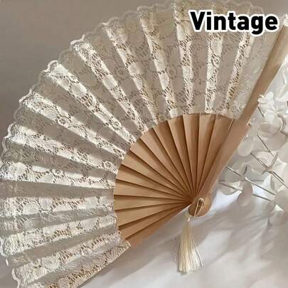1pc Lace Fan, Vintage Spanish Wedding Fan - Elegant Floral Lace Decor, Foldable Spanish Wooden Lace Fan, Bridal Hand Fan, Souvenir, Photography Prop, Lightweight Bridal Party Accessory, Delicate, Suitable For Various Festivals And Parties
