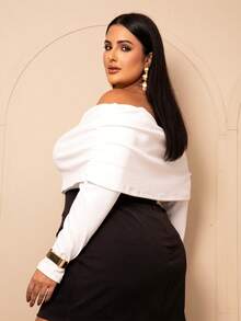 Plus Size Off-Shoulder Ribbed Long Sleeve Blouse For Women - Elegant, Modern, Comfortable For Winter - Blanco - Ver 2