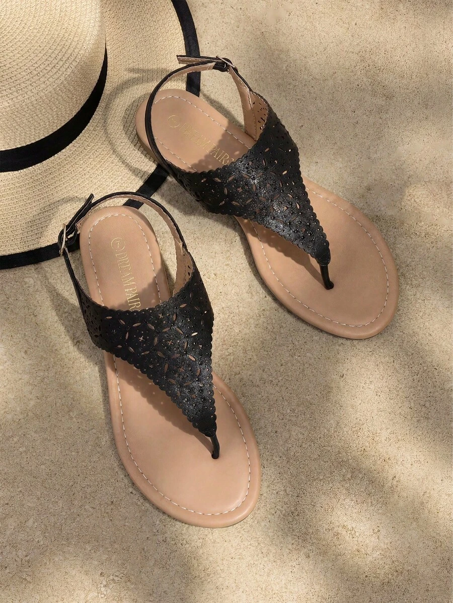 Women Rhinestone Gladiator T-Strap Thong Sandals Casual Wear Cute Flat Sandals Adjustable Buckle Beach Dress Summer Shoes - màu đen - Xem 1