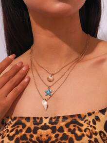 3 piezas Collar de múltiples capas de moda con conchas y estrellas de mar de verano, collar gargantilla de conchas marinas para uso diario para mujeres - Estrellas de mar, conchas, caracolas - Ver 2