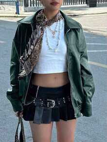 Edgy Biker Casual Loose Long Sleeve Leather Jacket For Women, Autumn/Winter Fall Cloth For Women - Dark Green - View 4