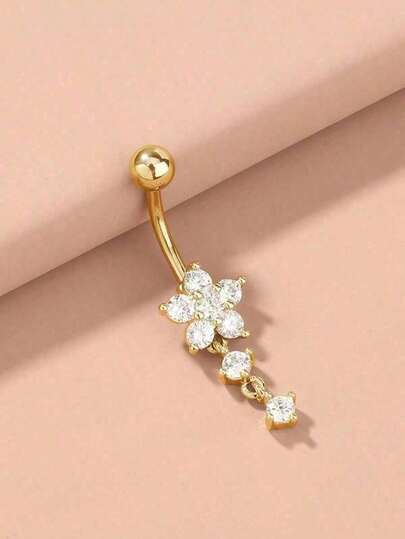1pc Fashionable Stainless Steel Pave Tassel Flower Navel Piercing Ring, Women Body Jewelry Valentines