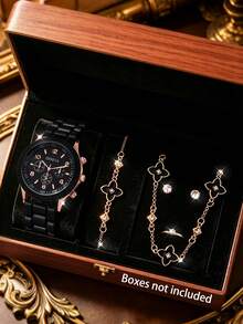 6pcs Women's Watch Set, Elegant & Fashionable, High-End Black Silicone Strap Watch With 4 Rhinestone Embellished Jewelry Accessories Including Necklace, Bracelet, Earrings And Ring, Suitable For Various Occasions And Daily Wear - Black - View 1