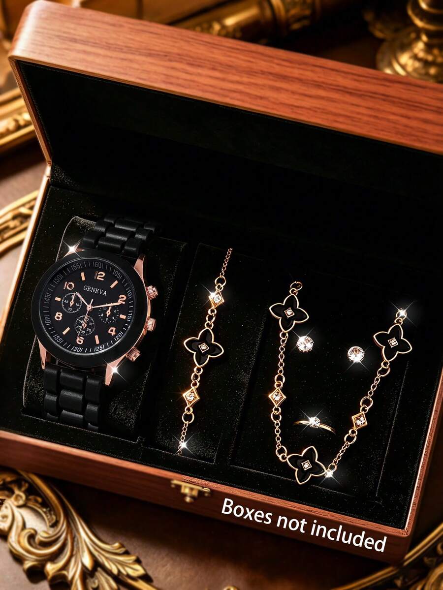 6pcs Women's Watch Set, Elegant & Fashionable, High-End Black Silicone Strap Watch With 4 Rhinestone Embellished Jewelry Accessories Including Necklace, Bracelet, Earrings And Ring, Suitable For Various Occasions And Daily Wear - Black - View 1