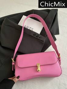 New Fashion Solid Color Metal Decor Shoulder Bag, Versatile Minimalist Elegant Ladies Handbag, Suitable For Shopping, Wallet, Young Women, College Students, Newlyweds, Office Ladies. Ideal For Office, School, Work, Business, Outdoor Activities, Travel And Outings. - Pink - View 2