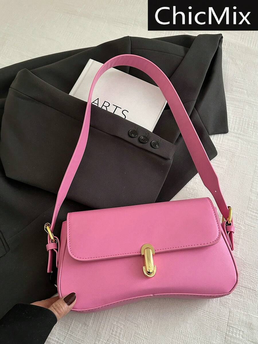 New Fashion Solid Color Metal Decor Shoulder Bag, Versatile Minimalist Elegant Ladies Handbag, Suitable For Shopping, Wallet, Young Women, College Students, Newlyweds, Office Ladies. Ideal For Office, School, Work, Business, Outdoor Activities, Travel And Outings.