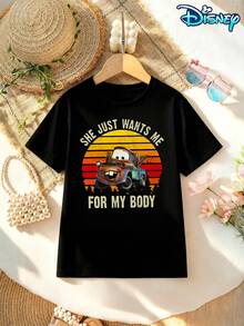 Disney Licensed Style | Cars Tow Mater Retro Print Crew Neck Women's Short Sleeve T-Shirt - Funny Playful & American Casual Vibe, Soft Breathable Fabric, Crew Neck, Ideal For Vacation, Travel & Daily Casual Wear - 黑色 - 查看 1