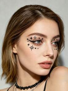 1 Stück europäischer und amerikanischer kreativer coller schwarzer Stern Gesichts-Strass-Aufkleber, Bühnenauftritt / Musikfestival / Party Make-up Dekoration, klebefrei selbstklebend, Konzert-Look, Gesichts-Juwelen - Verschiedenfarbig - Übersicht 3