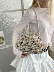 2026 Woven Mesh Shoulder Bag, Colorful Stone Bead Decor Plaid Vacation Handbag, Drawstring Design, Inner Pocket, Women's Bag - Beige - View 4