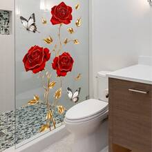 1pc Gold-Rimmed Red Rose Glass Sticker, Vintage Luxury Red Rose & Butterfly Window/Door Decor Sticker, Removable & Residue-Free - Multicolor - View 5