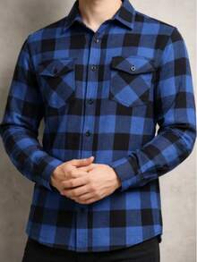 Men's Flannel Plaid Shirt With Pockets, Long Sleeves - Azul y negro - Ver 3