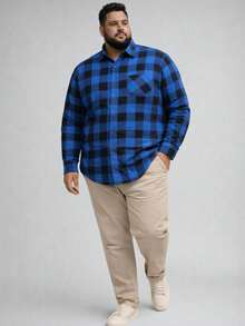 Men's Plus Size Checkered Shirt With Long Sleeves And Cuffs - Blue - View 4