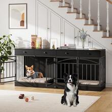 Mueble jaula para 2 perros – Jaula interior extra grande de 78,7'' con 4 cajones de almacenamiento, comederos, mueble para TV con doble jaula para perros – Casa moderna para mascotas - Negro repujado - Ver 7