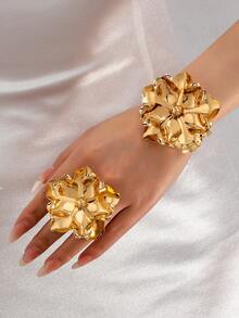 2pcs Elegant Floral Open Bangle And Ring Set, Suitable For Women's Daily Wear - Flower Set - View 1