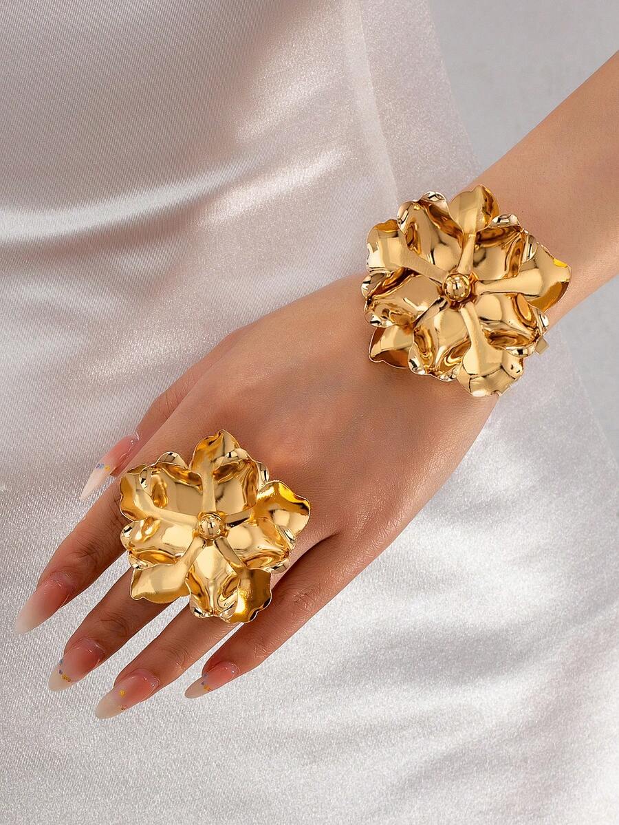 2pcs Elegant Floral Open Bangle And Ring Set, Suitable For Women's Daily Wear - Flower Set - View 1