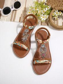 Women's Retro Beaded Sandals, Flat Woven Casual Outdoor Slippers For Summer - Brown (Golden Flower) - View 7
