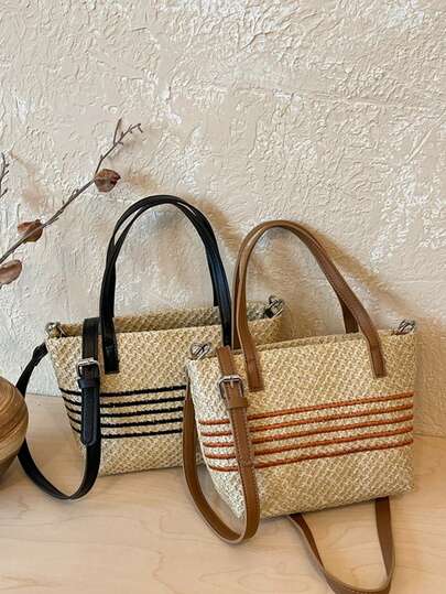 1pc Colorblock Straw Beach Bag, Elegant Ladies' Handbag, Casual Bucket Bag, Beach Straw Woven Tote Bag, Shoulder Bag, Suitable For Storing Wallet, Phone, Cosmetics, Perfect For Beach Vacation, Street Style, Summer Outfit, Ideal Gift For Mother's Day, Eid Al-Adha
