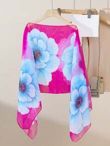 1pc Women's Lightweight Chiffon Floral Print Versatile Loose Fit Pearl Button Shawl Scarf, Suitable For Spring/Summer, Travel And Daily Use - Multicolor - View 4