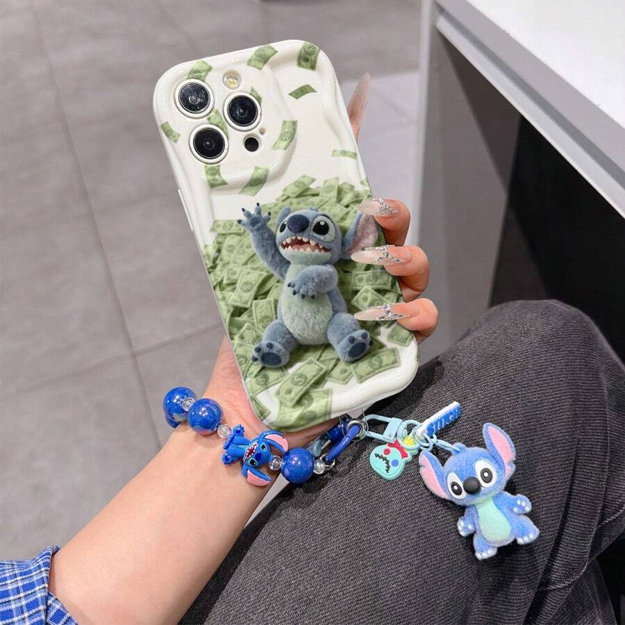 Disney Has Authorized, Phone Case - Chain Set, The Stitch Lilo & Stitch Phone Case Plus A Silicone 3D Or Fluffy Style Stitch Bracelet With Metallic Ring Removable Bracelet, Stitch And Angel Pattern, Compatible With Iphone 17/16/15/14/13/12/11/XS/XR/X Plus Pro Max, Wavy Design Phone Case For Girl, A Stylish Cartoon Summer Phone Case, The Perfect Gift Choice, Phone Protection, Durable Phone Cover, Great Gift For Friends And Family - Kiểu trắng B - Xem 1
