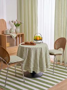 1pc Striped Ruffle Edge Round Table Decor Cloth, Vintage American Style Ruffle Edge Kitchen Decor, Round Living Room Decor Cloth, Valentine's Day Dining Table Decor - Green - View 3