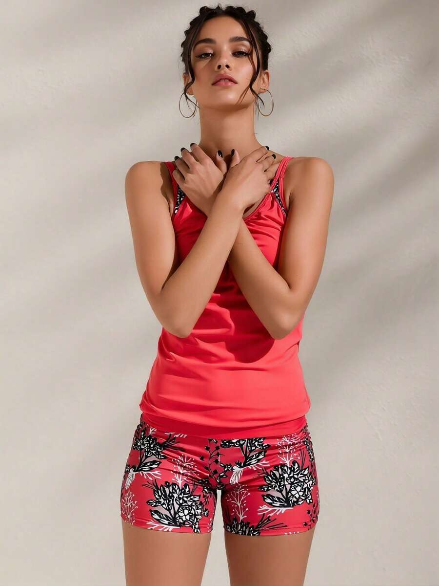 Women's Tankini Swimsuit Set, Two-Piece Tummy Control Design With Blouson Top And Matching Shorts - 07 - View 1