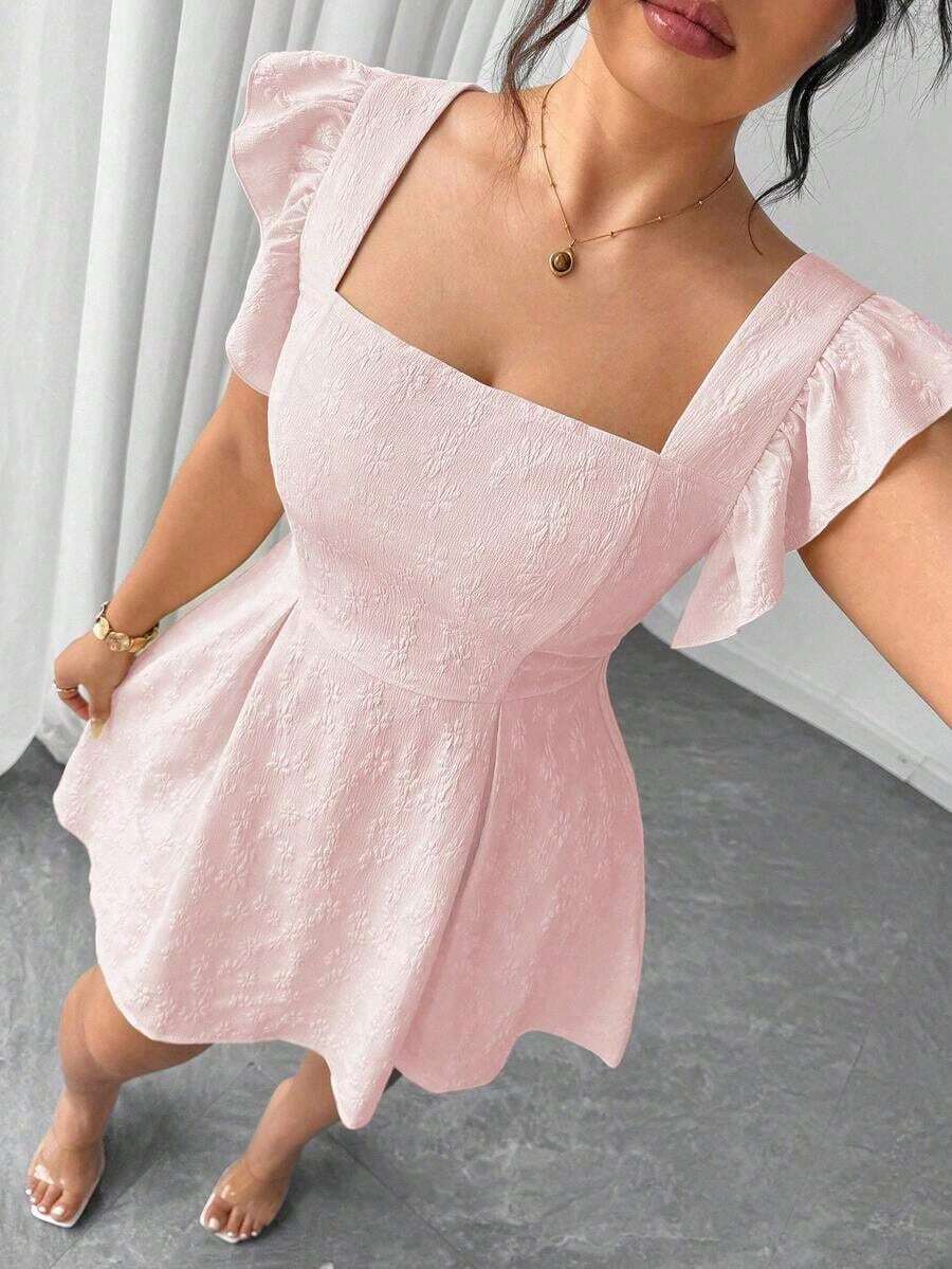 Vestido de verano de talla grande para mujer, con cintura ceñida, volantes en las mangas y estampado jacquard de unicolor, elegante estilo vacacional - Rosa - Ver 1
