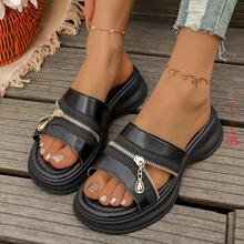 Women's Bohemian Style Faux Leather Zipper Slippers, Party Wear, Spring/Summer - Black - View 1
