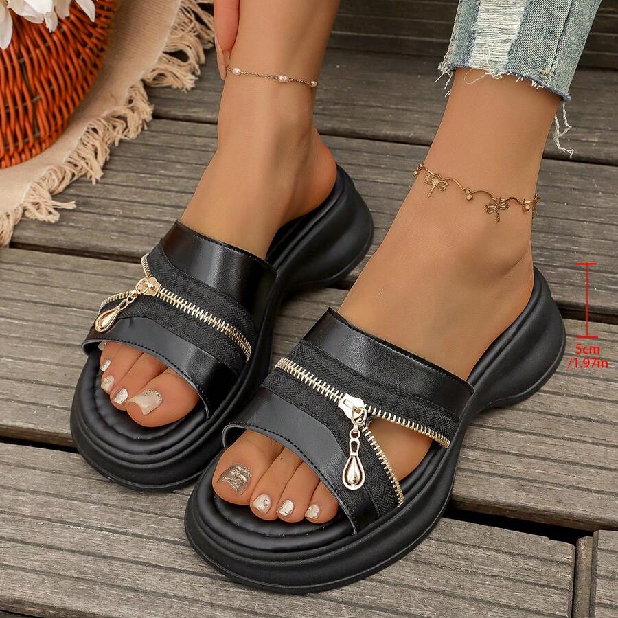 Women's Bohemian Style Faux Leather Zipper Slippers, Party Wear, Spring/Summer - Black - View 1