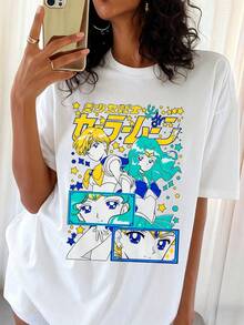 S-SailorS MoonSS Uranus & Neptune Retro Anime Graphic Casual Loose Fit T-Shirt - White - View 1