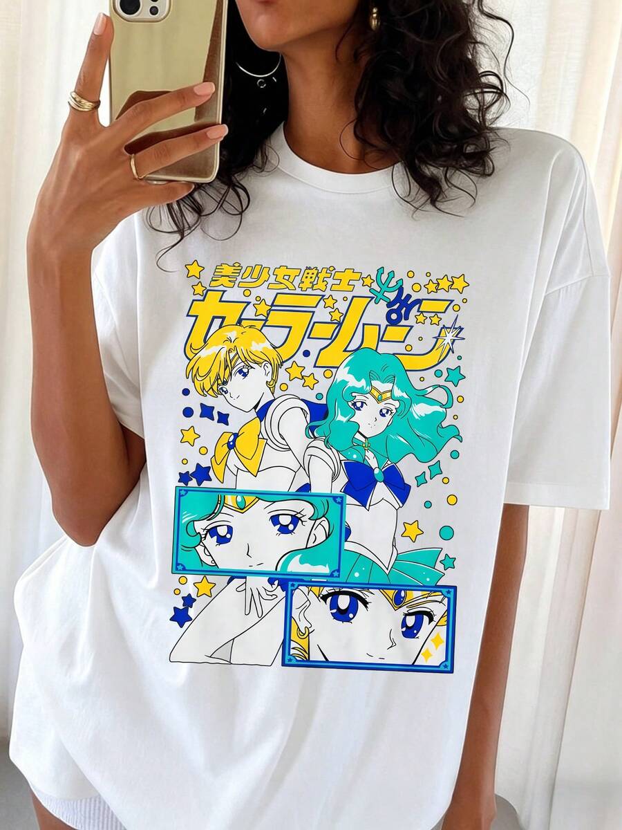 S-SailorS MoonSS Uranus & Neptune Retro Anime Graphic Casual Loose Fit T-Shirt - White - View 1