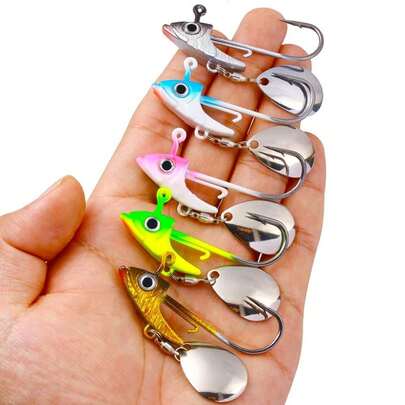 Cabezas de jig underspin superiores con ojos 3D – Anzuelos swimbait con hoja giratoria – Afilados, duraderos y coloridos para lubina, trucha y salmón – Kit de señuelos para pesca en agua dulce y salada – 5 piezas, colores surtidos, 1/2 oz