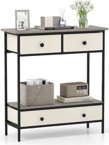 Console Table With 3 Fabric Drawers, 32" Farmhouse Entryway Table With Storage & Open Shelf, Rustic Narrow Sofa Table With Metal Frame For Living Room, Hallway, Entrance, Foyer - Gray & Beige - View 4