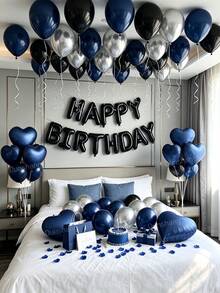 16/60/560件海軍藍黑色生日裝飾 - 生日快樂橫幅 + 心形鋁箔氣球 + 藍黑銀乳膠氣球，適合男性生日派對、暗黑美學派對裝飾、浪漫之夜、週年紀念、飯店驚喜、拍照道具 - 款式一 - 查看 2