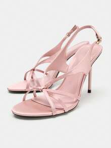 2026 Spring/Summer New Women's Shoes, Toe-Strap High Heel Square Toe Leather Sandals - Pink - View 1