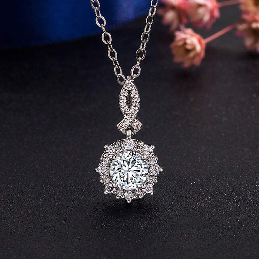 1 chiếc dây chuyền mặt tròn sang trọng tối giản bằng bạc S925, đính đá Zirconia lấp lánh, trang sức thanh lịch để đeo hàng ngày, món quà chất lượng dành cho người thân yêu. - Bạc - Xem 1