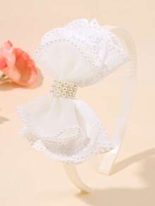 1 pezzo Cerchietto bianco con fiocco in pizzo per ragazze, accessorio per capelli alla moda con decorazioni in perle e rete, adatto per matrimoni, compleanni e uso quotidiano - Bianco - Visualizzare 2