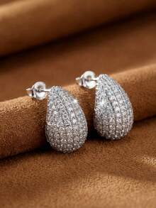 1 Pair 925 Sterling Silver Full Rhinestone Teardrop Stud Earrings, Exquisite Women's Jewelry, Suitable As Ball/Party Gift, Birthday/Date Gift, Daily Wear, Or Perfect Holiday Gift - Full Diamond Water Drop Earrings - View 2