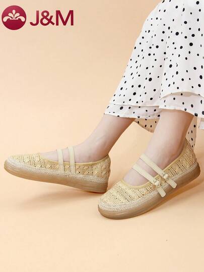 joy&mario J&M 1 Pair Women Breathable Mesh Mary Jane Platform Flats, Comfortable Lightweight Espadrille Shoes With Lace Hollow-Out & Buckle Strap, Versatile For Commute, Shopping & Vacation
