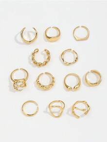 12pcs Asymmetrical Pearl Fashion Rings Set, Suitable For Women's Daily Wear, Dates, Parties, Great Gift For Girlfriend - Gold - View 4