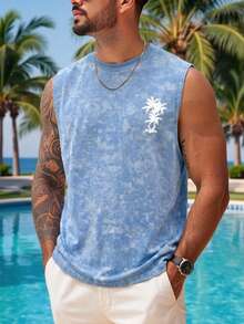 Hawaiian Style Coconut Tree & Bird Print Men's Tie-Dye Loose Fit Sleeveless Tank Top Casual Travel Tee - Blue - View 3