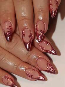 24 piezas de uñas postizas con diseño floral 3D en color rojo rosa con baño de oro, de forma almendrada y asimétrica, adecuadas para el trabajo, uso diario, fiestas, vacaciones, reutilizables con accesorios incluidos - Rosa Roja - Ver 7