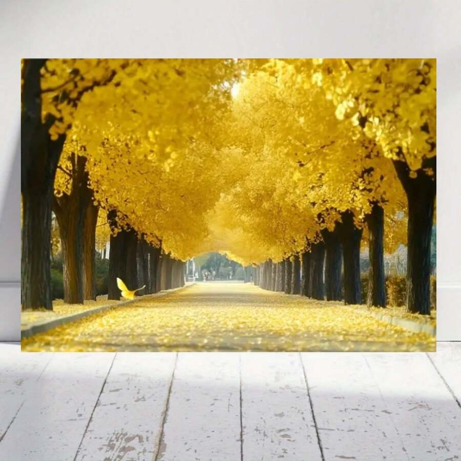 1 pieza de arte en lienzo con temática de otoño que muestra un camino de parque, enmarcado en madera. Destaca hojas amarillas brillantes contra un cielo azul, lo que lo convierte en una decoración de pared perfecta para tu sala de estar, dormitorio. - Enmarcado - Ver 1