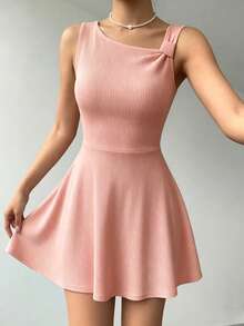 1pc Solid Color Casual Elegant Ribbed Knit Dress, Suitable For Party, Date Night, Beach Pink Summer - Pink - View 5